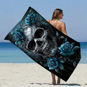1PC Oversized Gothic Blue Rose  Skull Print Beach Towel - Soft Bath Towel with Mysterious Floral Design Absorbent  Quick-Drying Suitable for Pool  Travel Stylish Summer Accessory Luxurious Texture