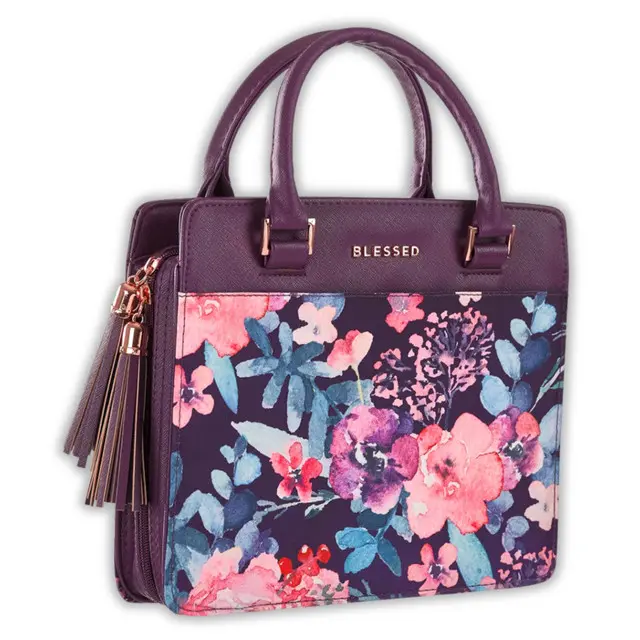 Large Blessed Bible Cover, Fashion Purse-Style Faux Leather Bible Case, Floral Purple Design