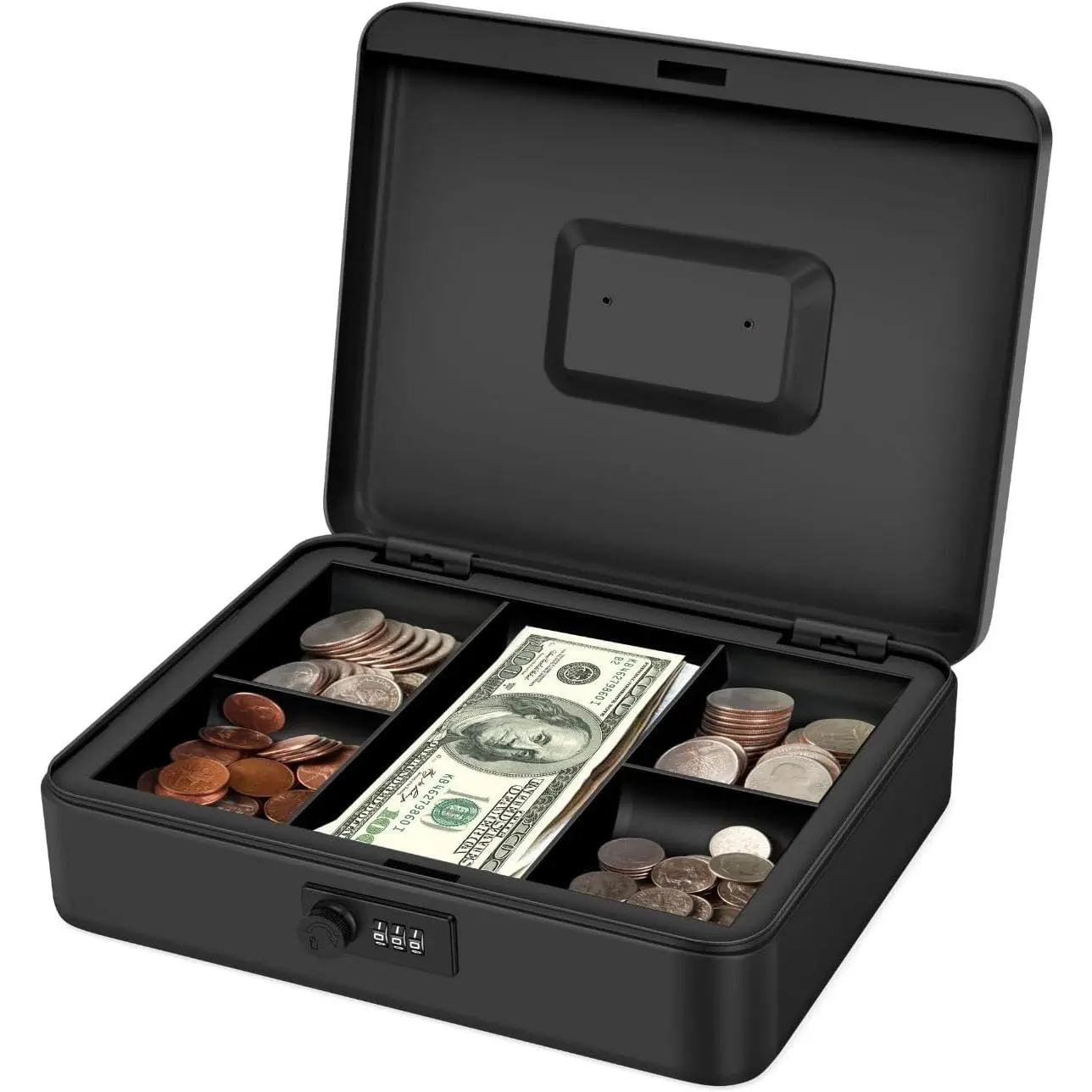 Box with Combination Lock - Metal  Box with  Tray and Lock - 5-Compartment  Lock Box for , Petty , Checks, , 11.8"x 9.4"x 3.5", Black