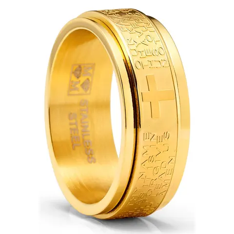 Men's 8MM Goldtone Black 316L Hypoallergenic Stainless Steel Lord's Prayer Spinner Fidget Ring - Finely Etched Raised Letters, Inlay Design, Anti Anxiety Jewelry, Anxiety Relief Ring for Adults, Distraction Tool Religious Accessory