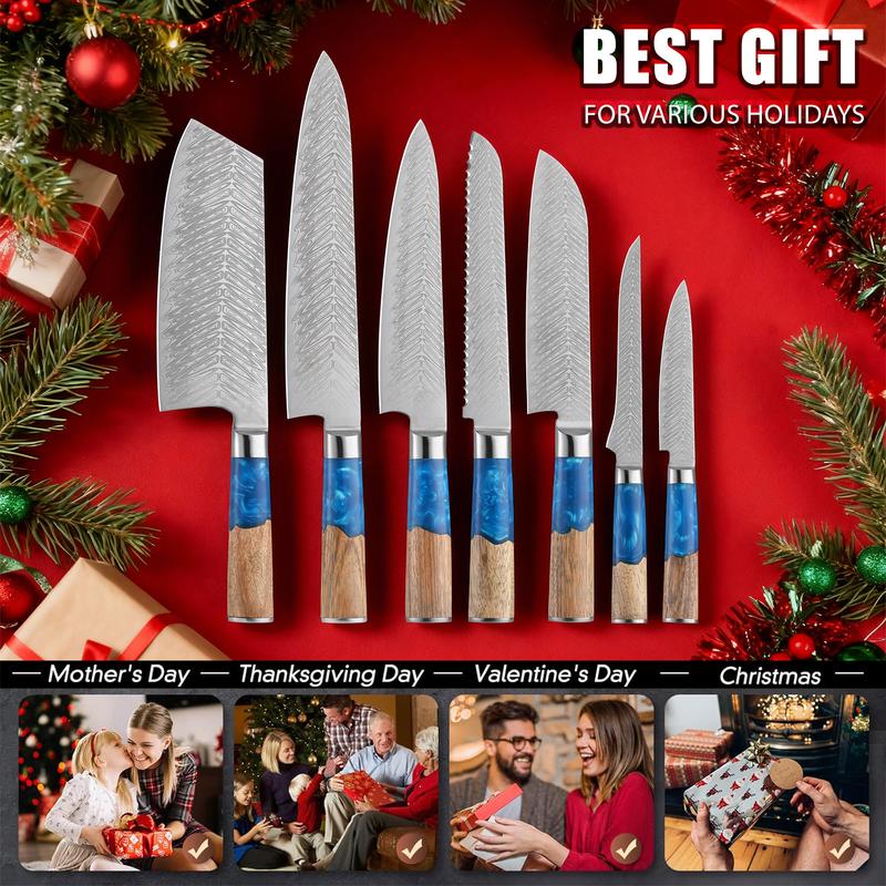 7-piece set - Blue Resin Damascus style Chef Knife Set - Professional grade knives, multifunctional knives, blue resin handle, high-end set, perfect for gift giving, one-stop solution for kitchen knife inconvenience, stunning appearance