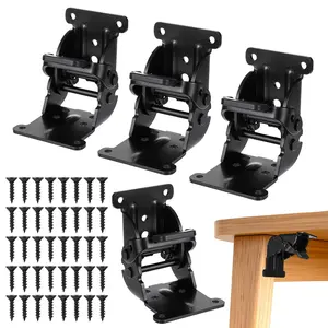 4Pcs Folding Brackets with 40 Screw, Black Self-Lock Hinge for Table Bed Leg Feet Lock Extension Support Bracket for Furniture Leg, Cabinet, Workbench