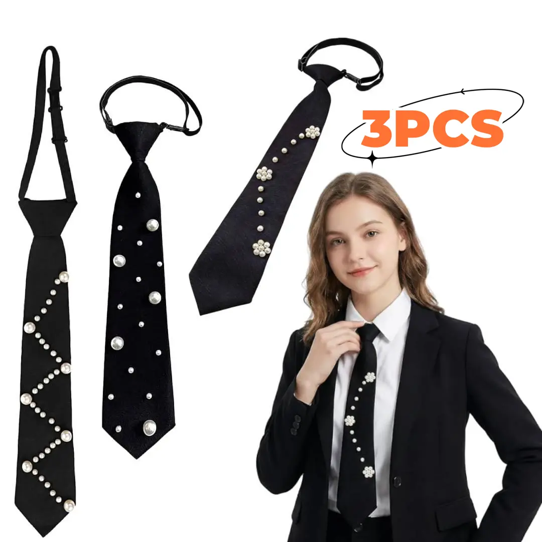 Black Pre-tied Casual Elegant Ties with Artificial Pearls, 5.5cm Smooth Lightweight 1-Size Adjustable Uniform Neckwear for Party, Prom