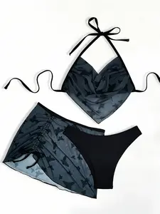 Women's Butterfly Print Mesh Halter Bikini Set, Three-Piece Swimsuit with Drawstring Skirt, Triangle Bottoms, Summer Beachwear, Bikinis Sets