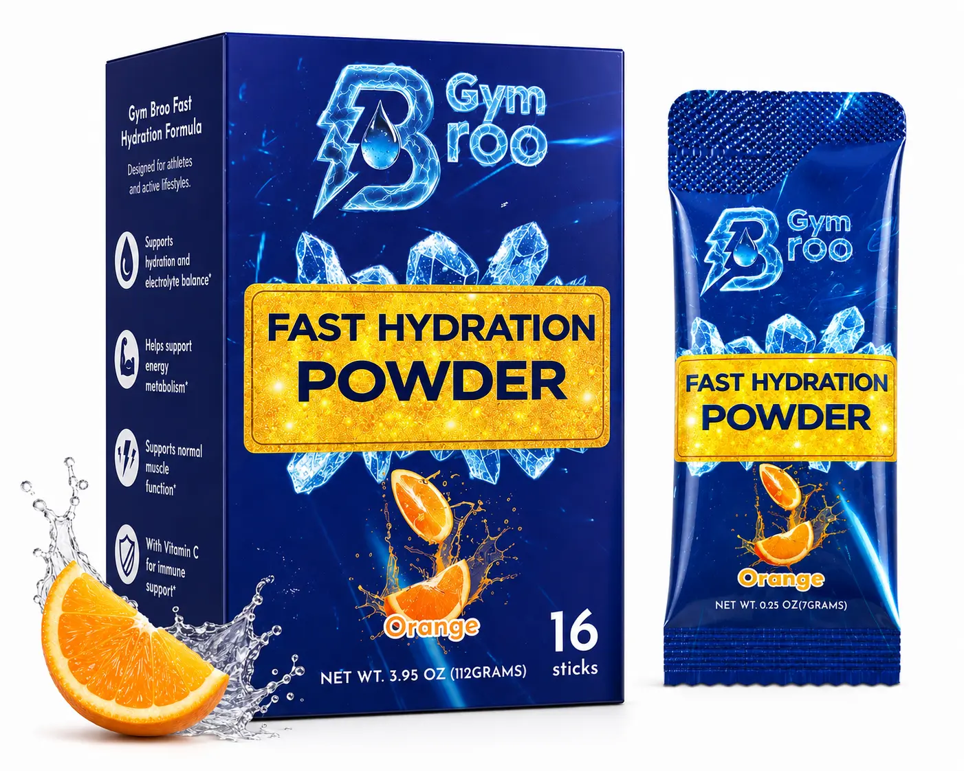 Gym Broo Fast Hydration Powder - Orange Flavor | Electrolyte Drink Mix | 16 Stick Packs