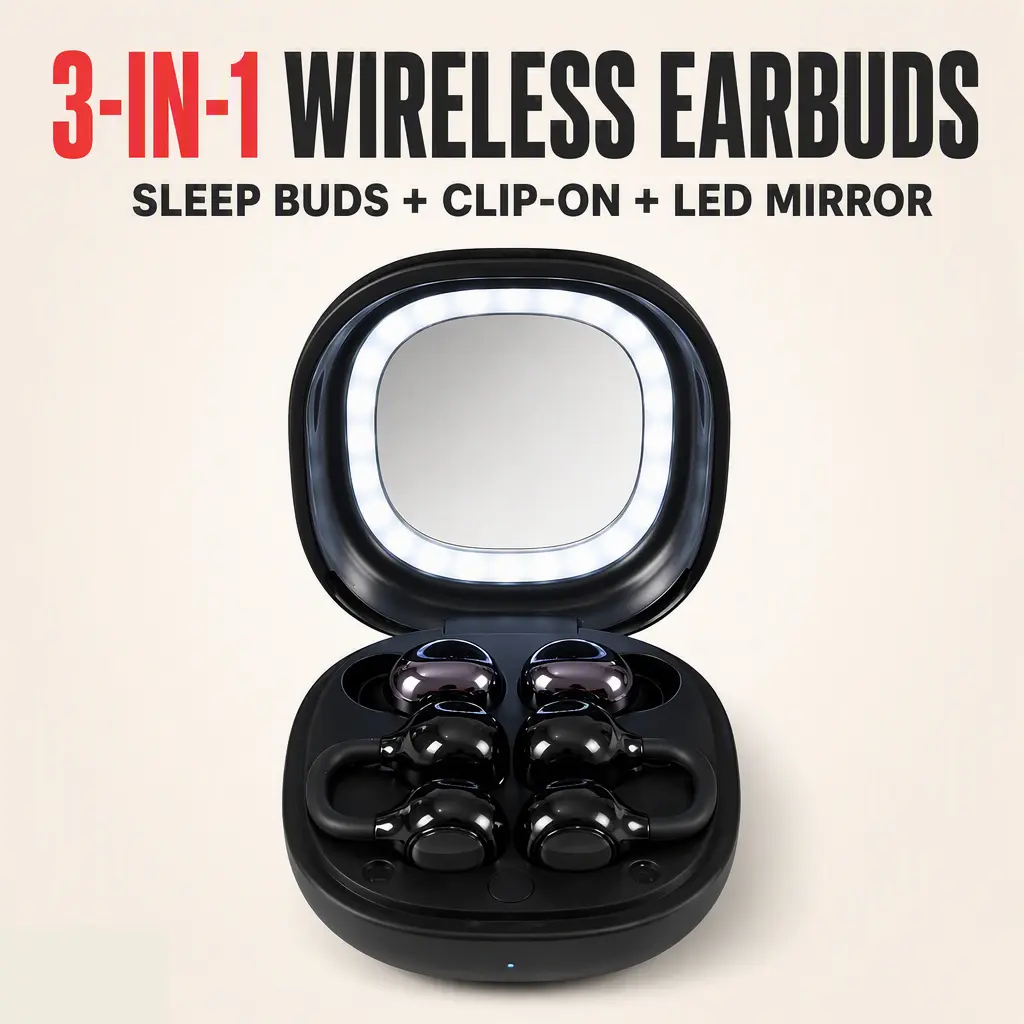 FLUFFDRIP M165 2-in-1 True Wireless Earbuds, Dual Design Ear Clip Open Ear Headphones & Ultra-Thin Mini Sleep In-Ear Earphones, Portable Charging Case with Built-in LED Lighted Makeup Mirror for Daily, Travel, Workout & Sleeping wireless earphone noise