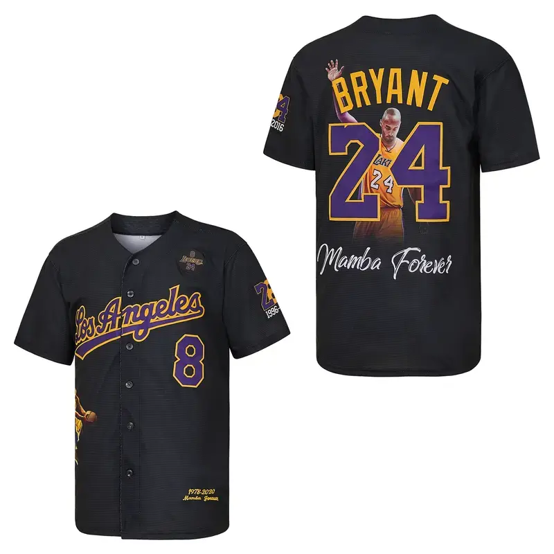 Men's Los Angeles Classic Black Bryant Baseball Jersey with 8-24 Legend Forever Embroidery, Jersey Top, Athletic Sports Top, Casual Sports Style Sportswear Clothing, Casual Baseball Jersey