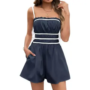 Imily Bela Womens Summer Spaghetti Strap Romper Sleeveless Ruffle Color Block Short Jumpsuit Smocked Vacation Beach Outfits