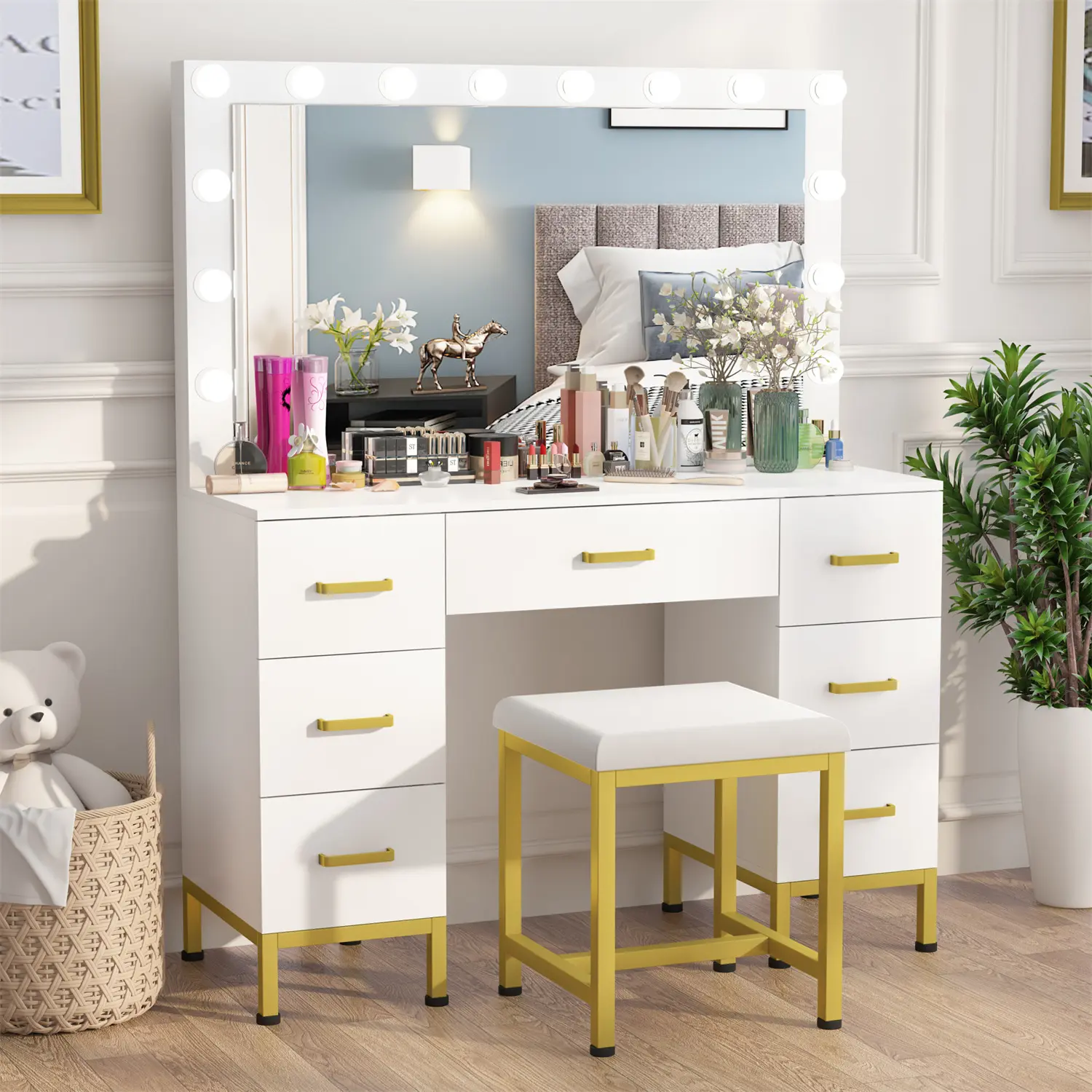 PAKASEPT Makeup Vanity with Lights, 43.3'' L Vanity Desk with Mirror and 14PCS LED Bulb, 7 Drawers & Stool, Black Vanity for Women Girls