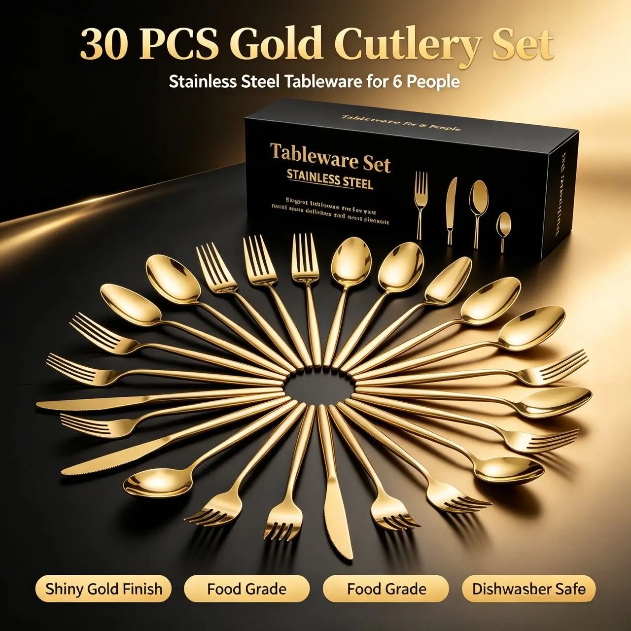 30-Piece Gold-Toned Mirror-Polished Stainless Steel Cutlery Set - Rounded Curves, Smooth Finish, Reusable, Dishwasher Safe, Portable, Elegant, Corrosion-Resistant Tableware Kit for Family Formal Dinners, Party Dinnerware Sets