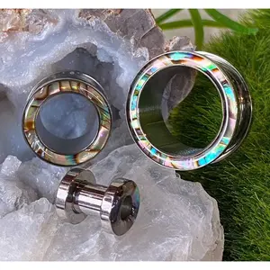 PAIR of Beautiful Abalone Inlay Steel Screw Fit Tunnels - Gauges 4g (5mm) thru 5/8" (16mm)