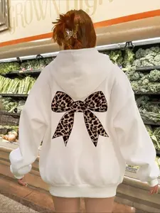 Women's Leopard Bow Print Hoodie, Casual Loose-Fitting Fall & Winter Fashion, Stylish Women's Clothing for Daily Wear
