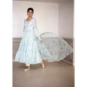 Aqua White Floral Printed Anarkali