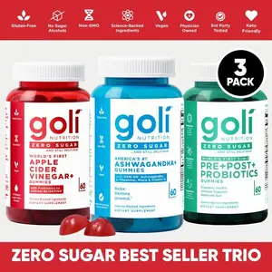 Zero Sugar Best Seller Trio - World's First 3-in-1 Pre, Post, Probiotic, Apple Cider Vinegar with Vitamin B12 and Probiotics To Address Bloating, Ashwagandha & L-Theanine, Vitamin D gummies. Gluten-Free, Vegan, Non-GMO & Gelatin-Free, Healthcare