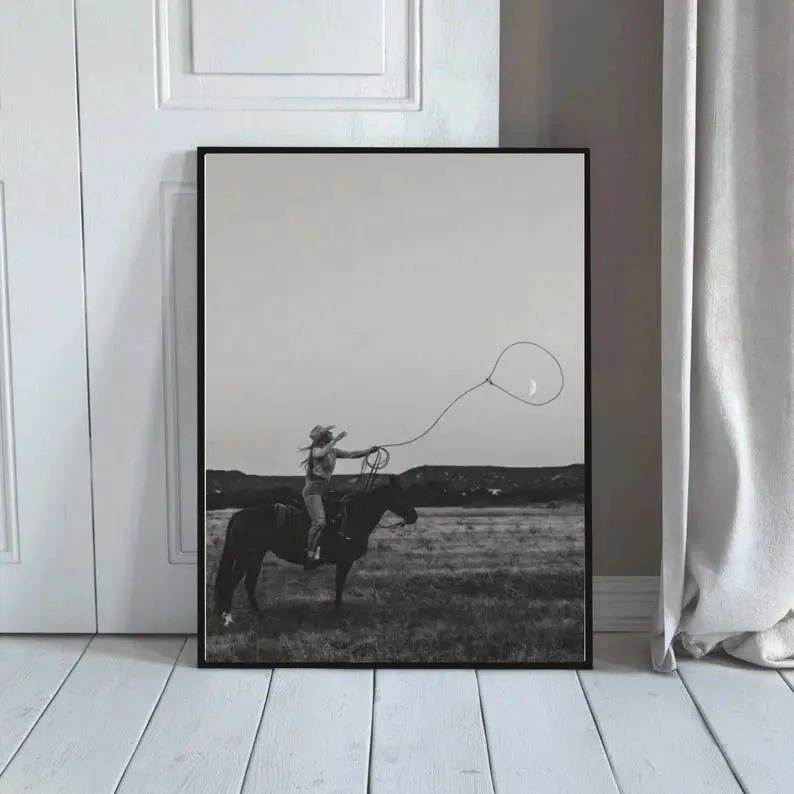 Cowgirl Moon Lasso Black & White Poster Wall Art