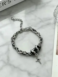 Unisex Punk Bracelet, Bold Zircon Cross Design, Layered Wrist Accessory for Men & Women, Stylish Fashion Jewelry