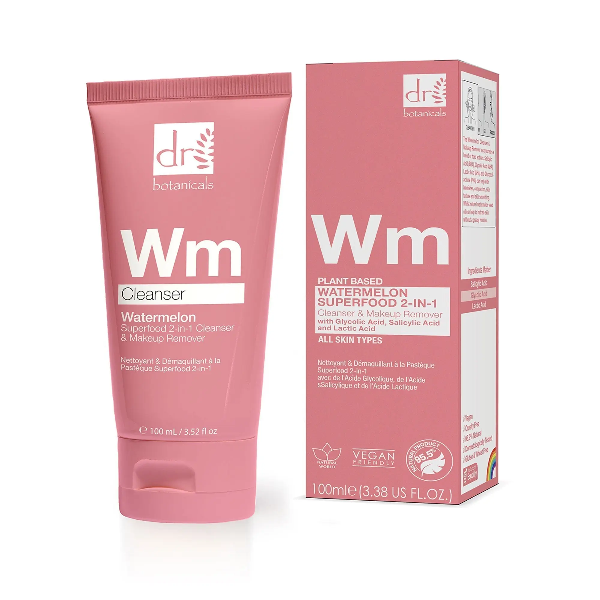 Dr Botanicals Watermelon Superfood 2-in-1 Cleanser & Makeup Remover with Glycolic Acid, Salicylic Acid & Lactic Acid 100ml