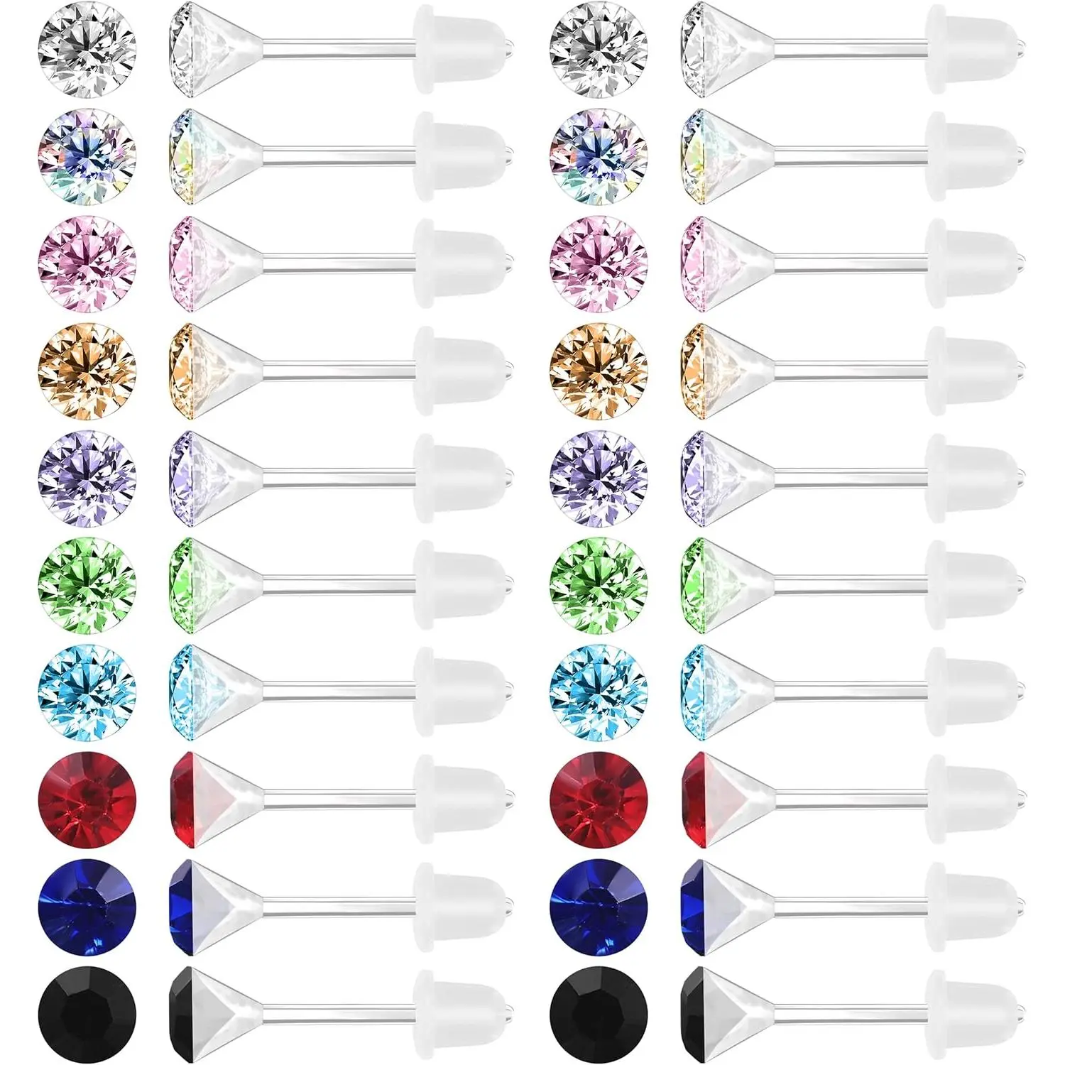 Shiny Round Cubic Zirconia Stud Earrings, 20-Pair Set for Women with Hypoallergenic Acrylic Plastic Posts, Mixed Colors for Everyday Wear & Birthday Gifts, Sky Blue, Light Purple, Hypoallergenic Earrings Set, Unisex, Anniversary, Christmas, Crystal