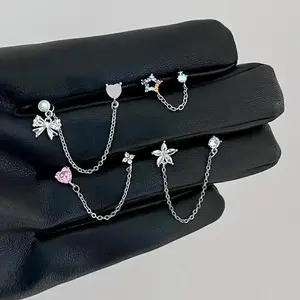1 PCS Lovely Pink Cherry Bow Chain Zircon Crystal Ear Bone Nail 316L Medical Titanium Steel Earrings for Women Y2K Punk Jewelry