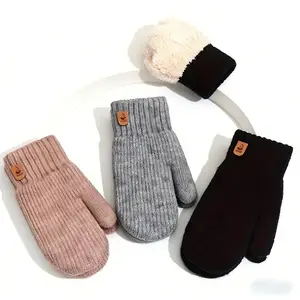 1 Pair Cozy Winter Women's Fleece-Lined Gloves, Solid Color Striped Knit Warm Mittens, Elastic Acrylic Thick Double-Layer for Casual Outdoors, Decorative Full-Finger Warmth Gloves