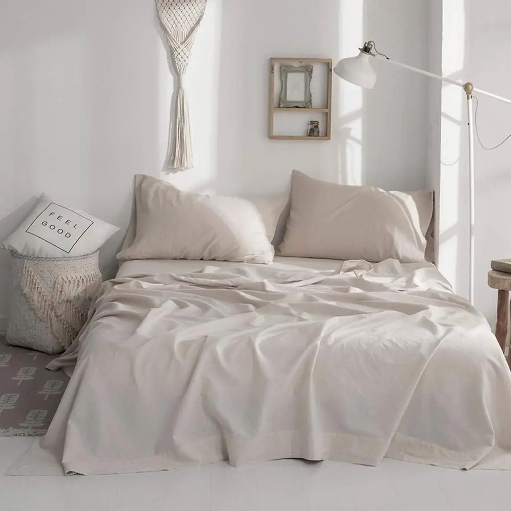 Belgian Linen Cotton Lightweight Sheet Set Solid Color - 4 Pieces (1 Flat Sheet & 1 Fitted Sheet & 2 Pillowcases) Natural Flax Cotton Blend Soft Bedding Breathable Farmhouse