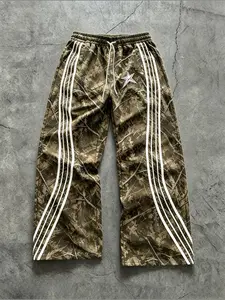 Men's Camouflage Wide Leg Sporty Sweatpants, Loose Fit Side Stripe Design, Streetwear Outdoor Clothing, Drawstring Waist Straight Pants, Camo Print Sweatpants