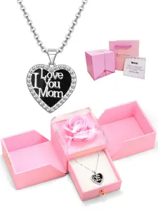 I Love You Mom Heart Pendant Necklace with Rose Jewelry Gift Box and Meaning Message Card, Necklace for Mama from Daughter Son, Heart Shaped Necklace, Perfect for Mother's Day Birthday