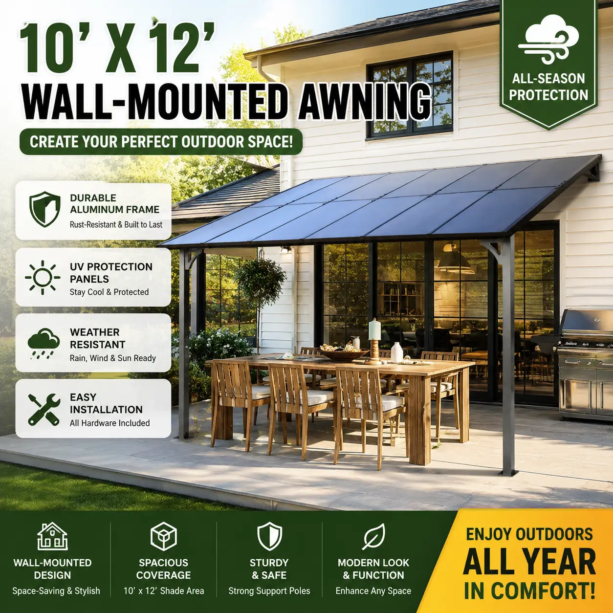 10x12 Pergola Gazebo Wall Mounted Metal Awning Heavy Duty Patio Canopy Deck Sun Shade Shelter Large Outdoor Aluminium Pavilions Extension Porch Lean to Roof Tent Modern Backyard Cabana BBQ Station Overhang Carport