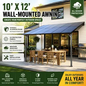 10x12 Pergola Gazebo Wall Mounted Metal Awning Heavy Duty Patio Canopy Deck Sun Shade Shelter Large Outdoor Aluminium Pavilions Extension Porch Lean to Roof Tent Modern Backyard Cabana BBQ Station Overhang Carport