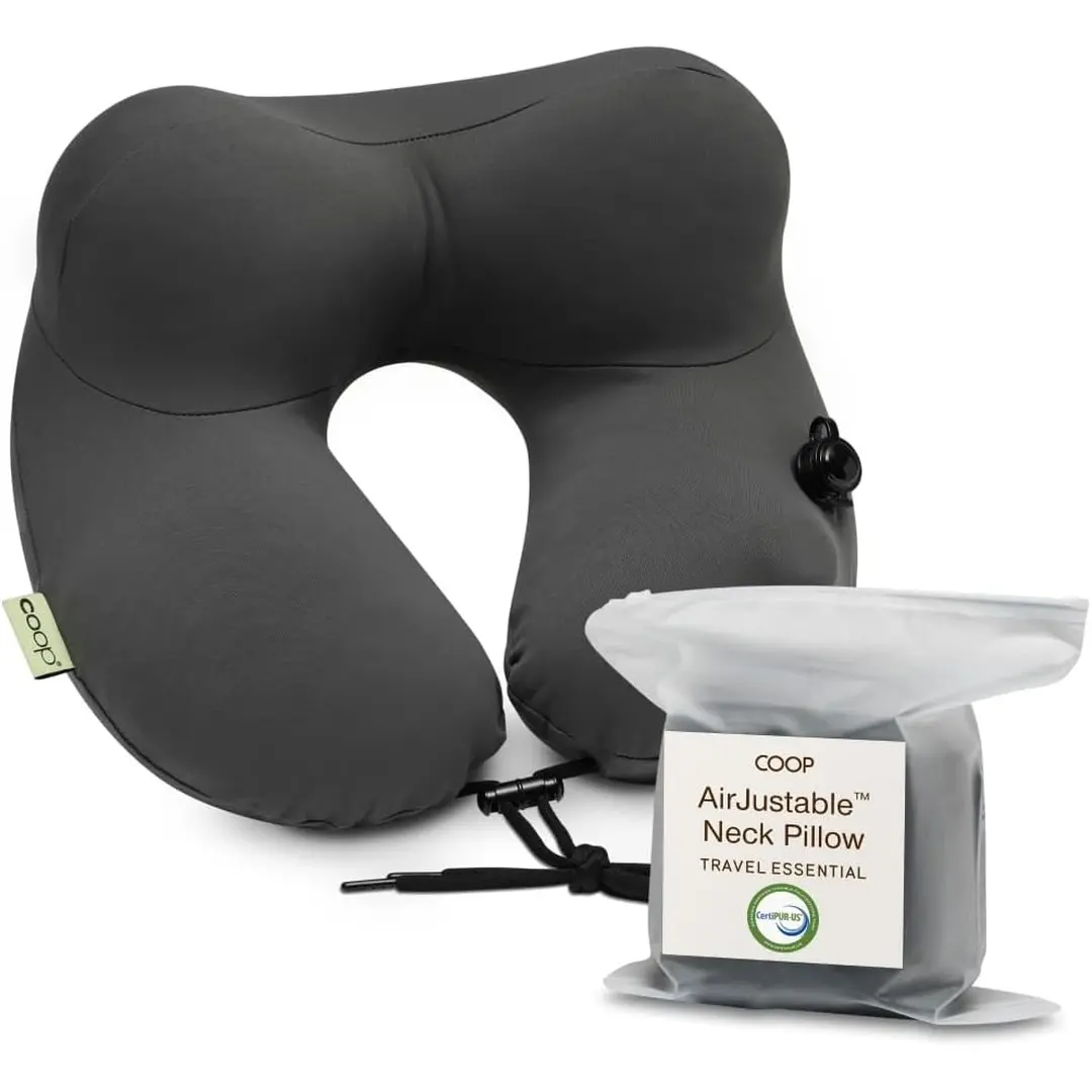 COOP Sleep Goods AirJustable Travel Neck Cushion, Inflatable Airplane Pillow with 6 Wearable Positions, Adjustable Cord, Cooling Washable Cover, Compact Pouch Included
