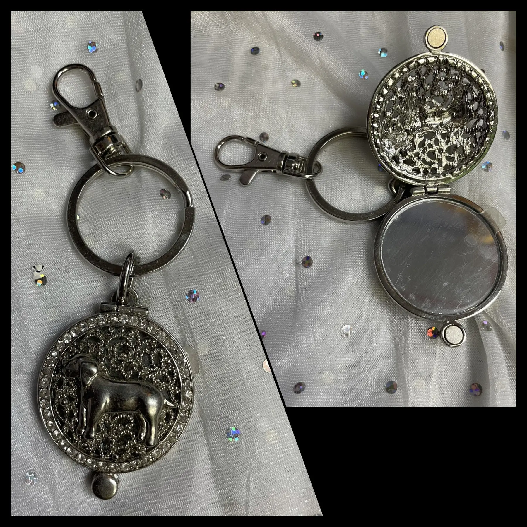 LOCKET KEYCHAIN WITH MIRROR & DOG ON FRONT