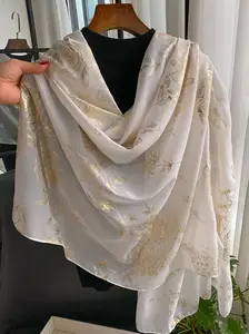 Women's Floral Jacquard Scarf, Elegant Gold Foil Print Long Scarf for Women, Casual Fashion Accessories for Daily Wear, Party, Trendy All-match & Exquisite Scarf for Birthday Gift, Head Scarf
