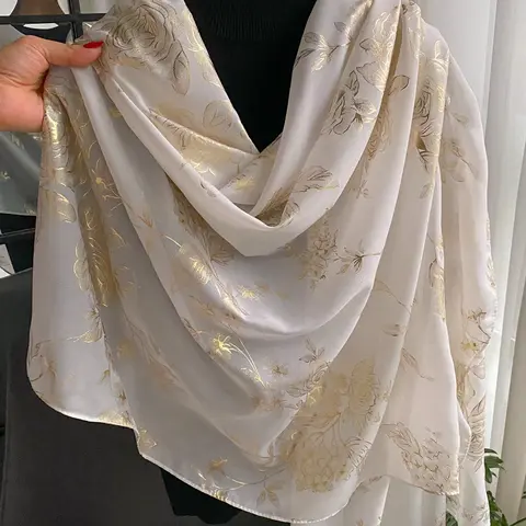 Women's Floral Jacquard Polyester Scarf, Elegant Gold Foil Print Long Scarf for Women, Fashion Accessories for Daily Wear, Trendy All-match & Exquisite Scarf for Birthday Gift