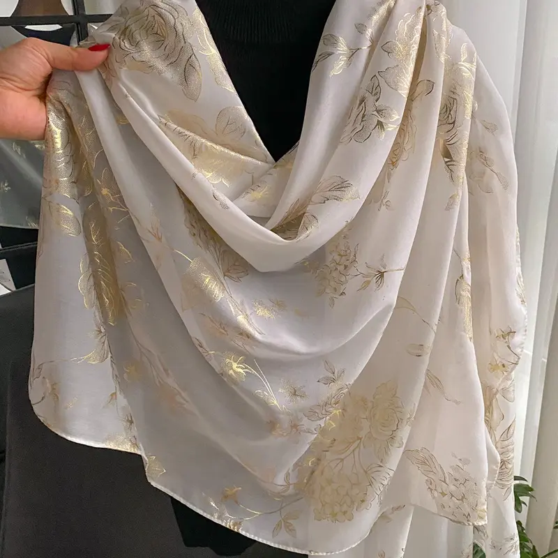 Women's Floral Jacquard Polyester Scarf, Elegant Gold Foil Print Long Scarf for Women, Fashion Accessories for Daily Wear, Trendy All-match & Exquisite Scarf for Birthday Gift