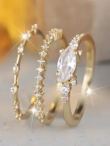 Three-Piece Stackable Rings Set, Champagne Golden Plated Marquise Zircon, Elegant Lightweight Luxury Fashion Jewelry