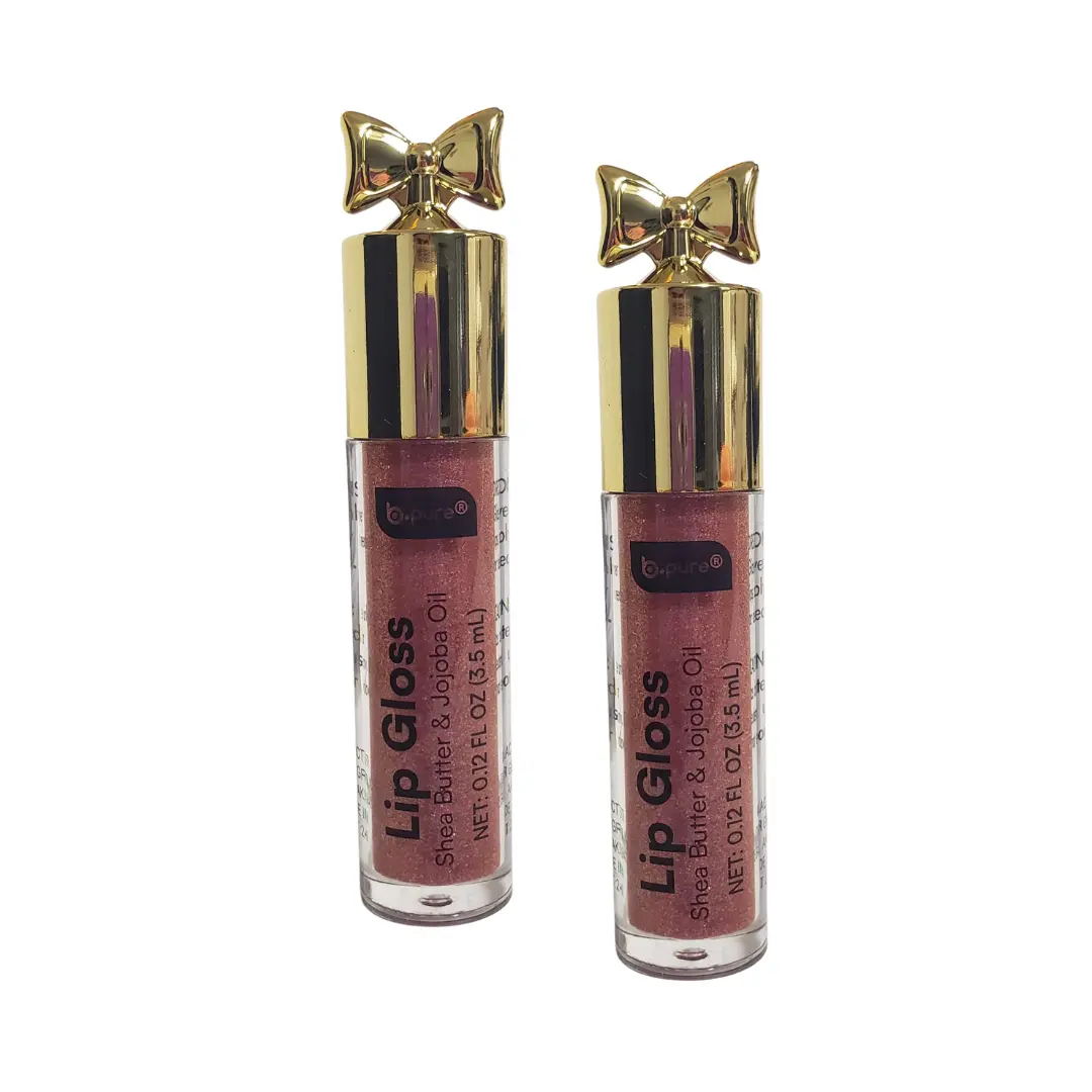 B.pure Lip Gloss, Hydrating Moisturizer with Shea Butter & Jojoba Oil, Pink Shimmer with Bling Effect, Gold Bow Cap, 2-Count, Lip Care, Makeup, All Skin Types, Multi-Pack, Gift, Cosmetic, Hydrate, Moisture Glossy Lipstick, Nourishing, Lipstick & Lip Gloss