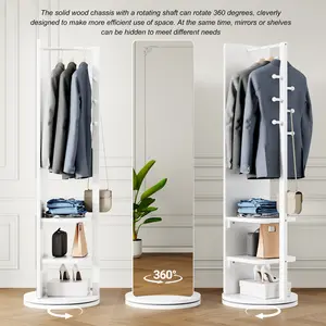 360° Rotating 66"x17.8" Multifunctional Full Length Mirror with Hook Storage Rack Coat Rack with Mirror Solid Wood Floor Mirror Bedroom Living Room Cloakroom Space Saving