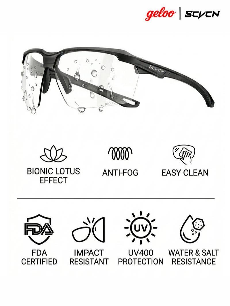 SCVCN GLA1 Photochromic Sports Sunglasses, UV400 Protection, Day & Night Use, Ultra Lightweight 27g, Shatter-Resistant PC Lenses, Wrap Around Frame for Running Cycling Hiking, Adjustable Nose Pads, 6 Stylish Color Options