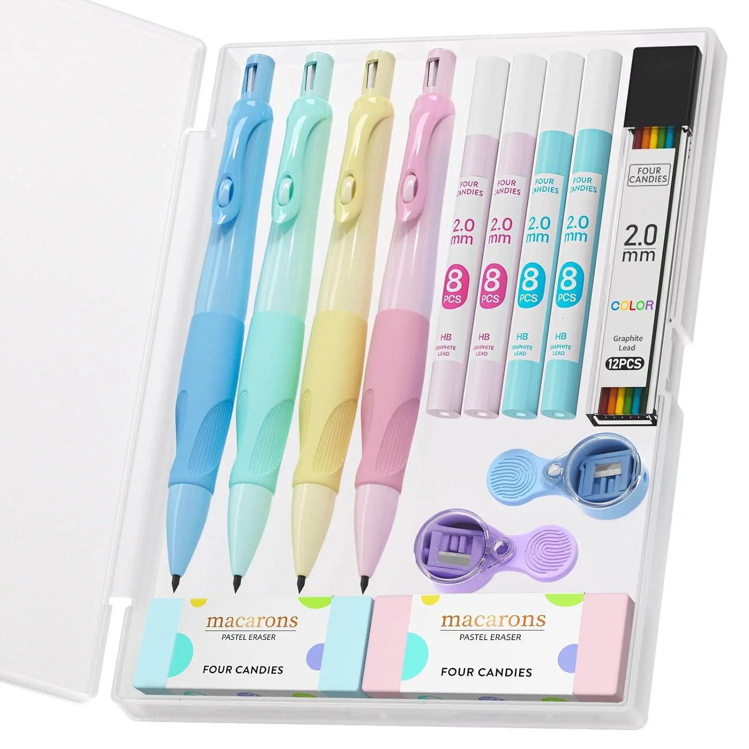 Four Candies 2.0MM Handwriting Pencils for Kids with Comfort Ergonomic Grip, 4PCS Cute Mechanical Pencils with 44PCS Lead Refills, 2PCS Sharpeners/Erasers, Aesthetic School Supplies for Kids Writing