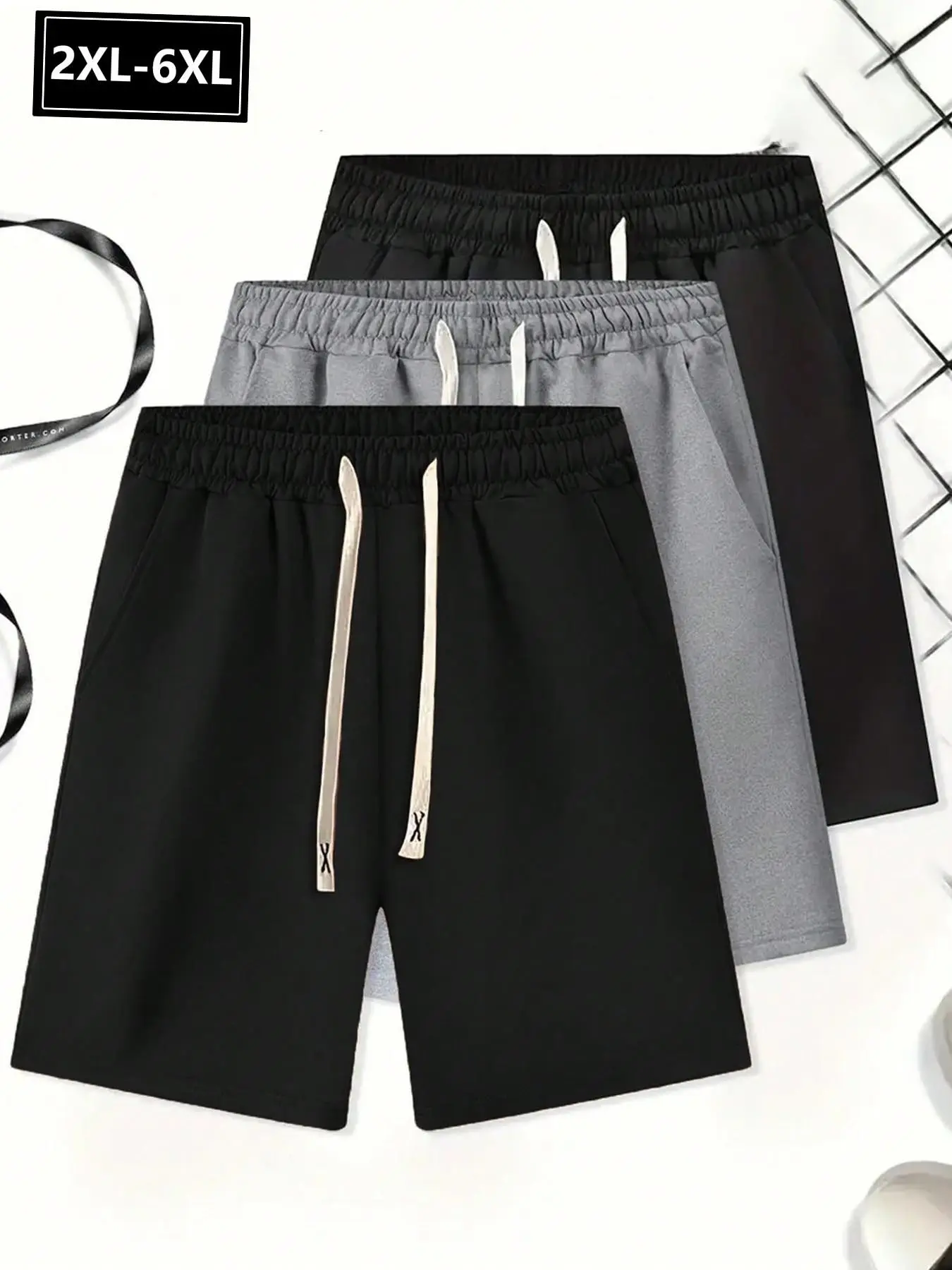 Men's Plus Size 3-Pack Casual Elastic Loose Shorts, Colorblock Drawstring Waist, Soft Breathable Solid Color, Summer Fitness Streetwear, Home Wear
