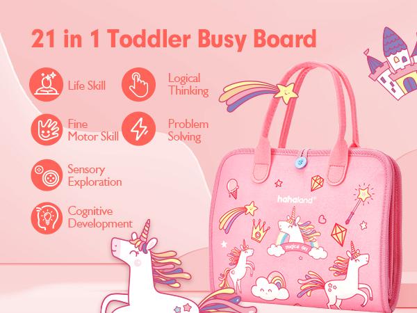 hahaland Busy Board for Toddlers - Montessori Sensory Toy & Travel Activity Book for Learning Fine Motor Skills, Educational Toy for Boys Girls, Hobbies Ideas, Kids Toys Magnetic Building Blocks Macaron Magnetic Blocks