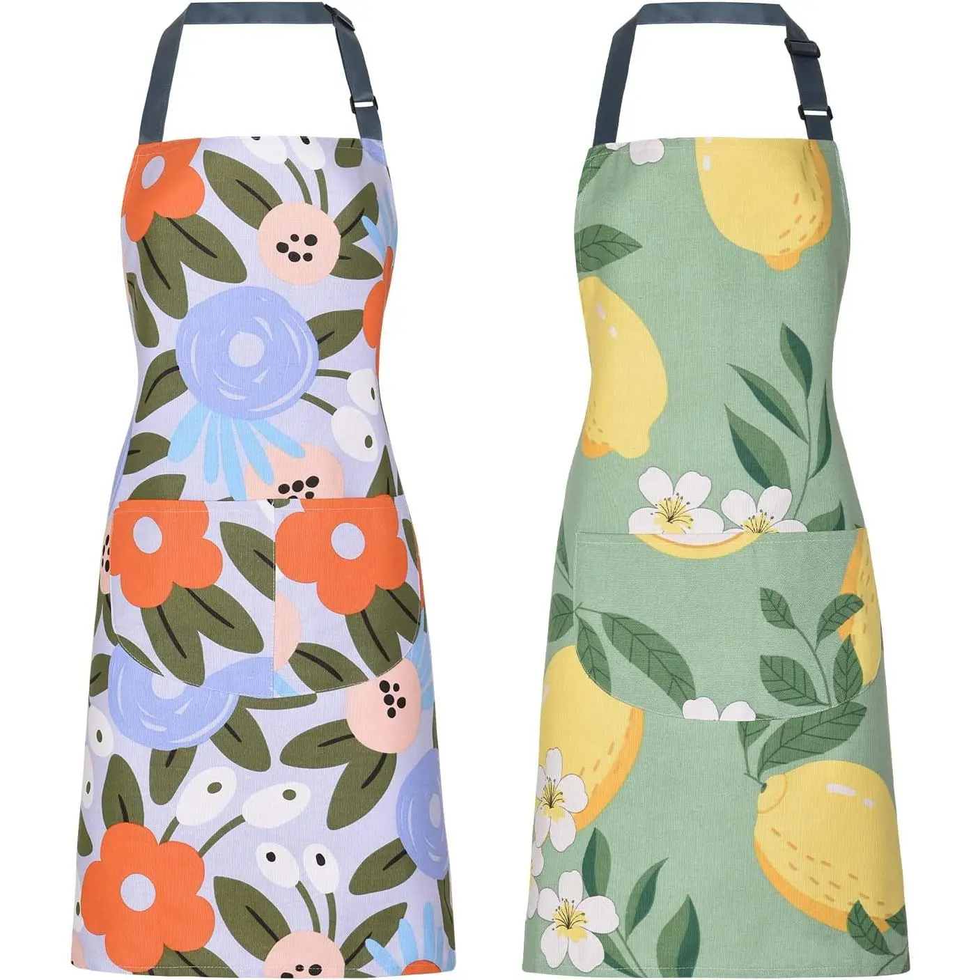 2 Pack Floral Apron for Women with Pockets, Adjustable Cotton Chef Aprons for Kitchen, Cooking, BBQ & Grill