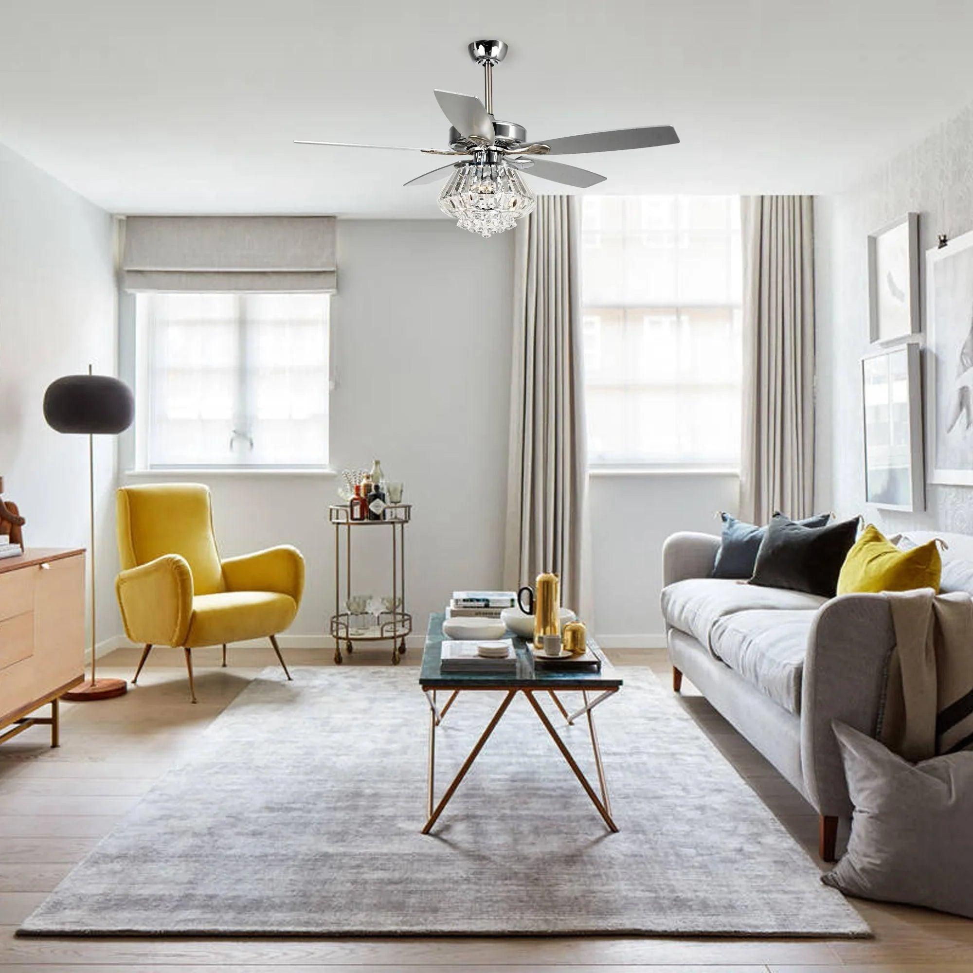 52" Kerala Modern Chrome Crystal Ceiling Fan, Downrod Mount, Reversible Blades with LED Light & Remote Control