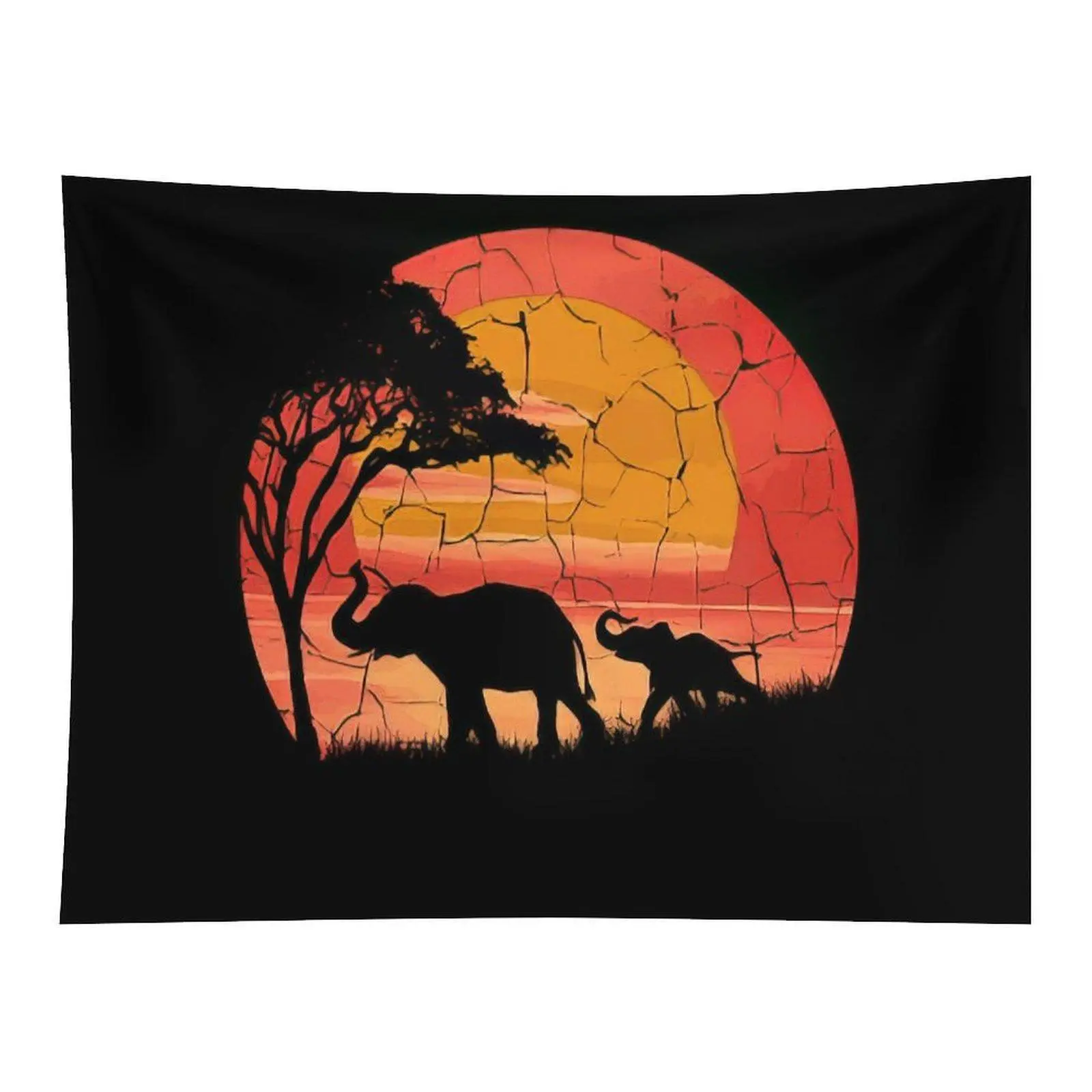 African Safari Elephant Family Silhouette Wall Tapestry Sunset Savannah Tree Black Background Wildlife Art Room Decor