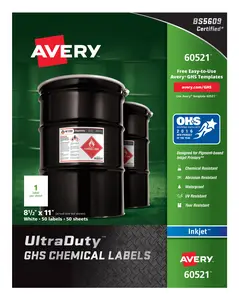 Avery UltraDuty GHS Chemical Labels for Pigment Inkjet Printers, Waterproof, UV Resistant, 8-1/2" x 11", 50 Labels (60521)