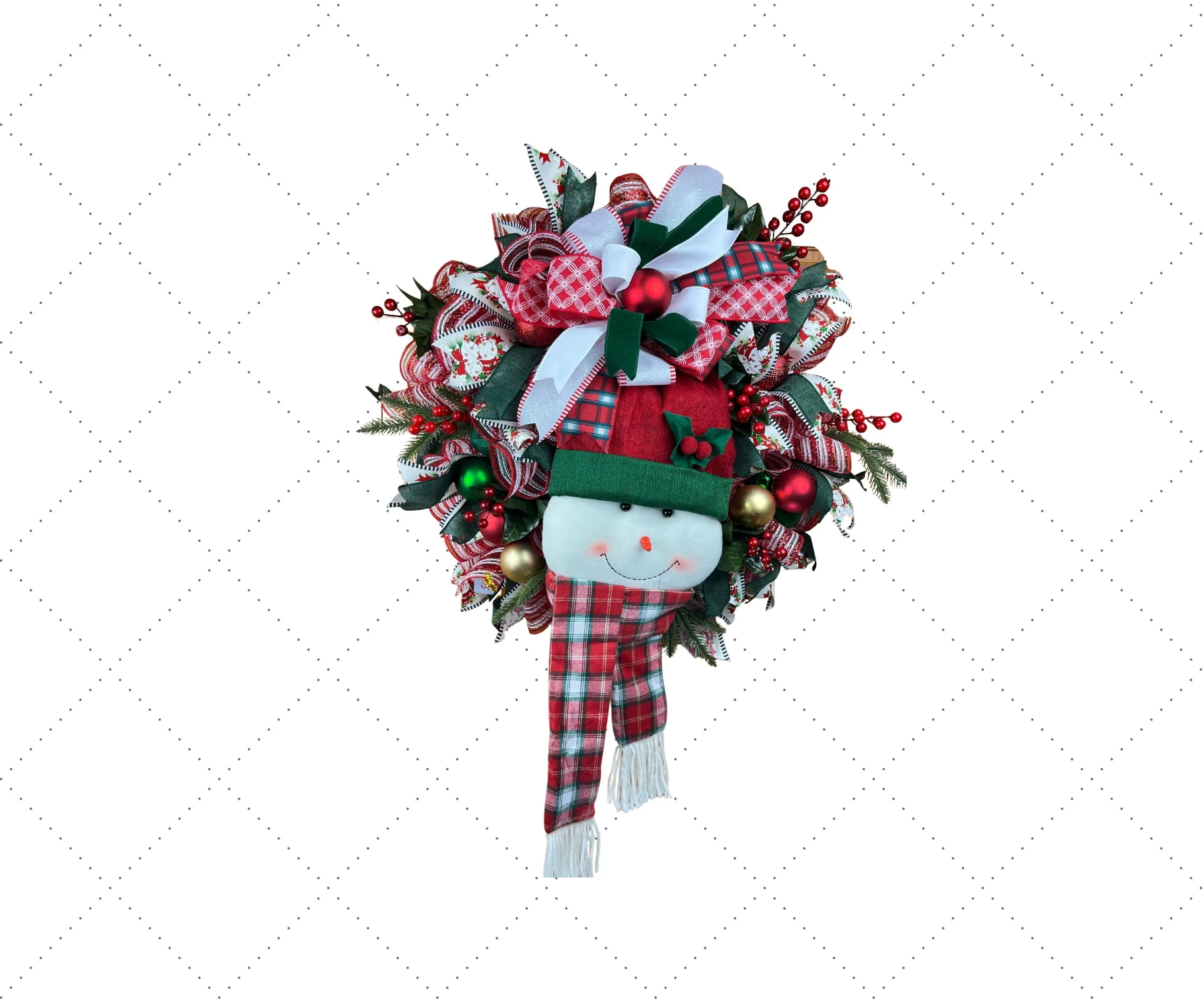 Snowman Christmas Wreath | Handmade Holiday Front Door Wreath | Traditional Red & Green Winter Door Hanger | Farmhouse Christmas Decor