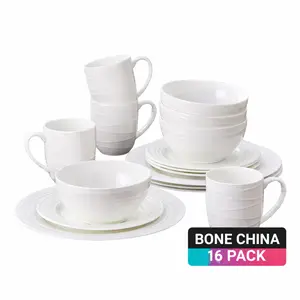 16pcs Bone China Dinnerware Set for Family Gathering White Plates Bowls and Mugs