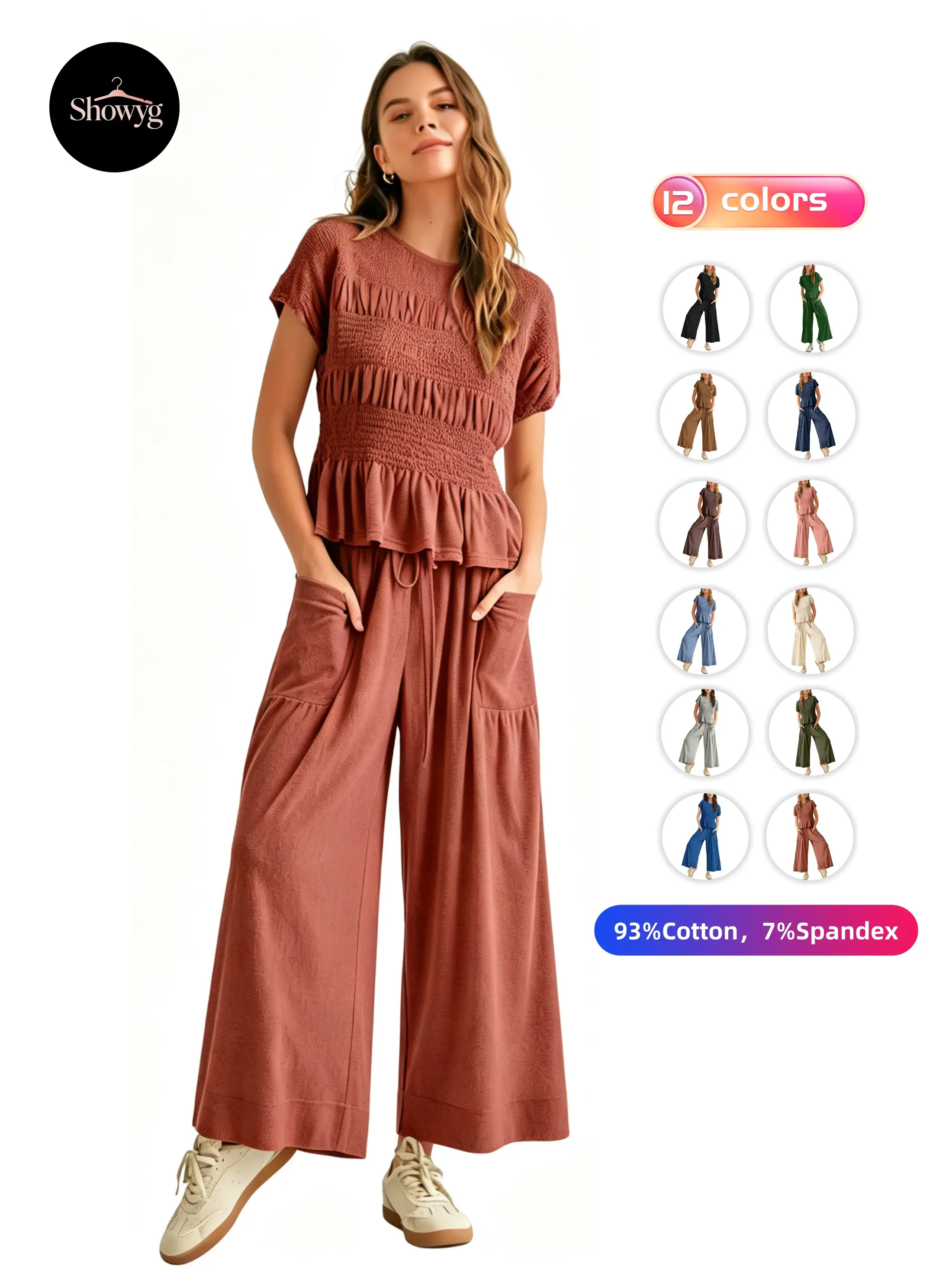 Showyg Women's 2 Piece Matching Set, Short Sleeve Smocked Ruffle Top & High Waist Wide Leg Pants Set with Side Pockets, Soft 93% Cotton 7% Spandex Boho Casual Lounge Set