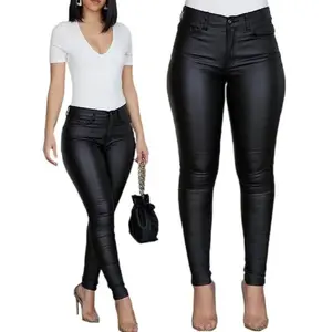 2025 Women's Plus Size PU Leather Pants - High Waist Skinny Tight, Solid Color Casual Everyday Fashion Bottoms