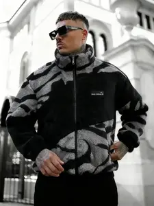 Men's Loose Tribal Pattern Fleece Jacket, Warm Thick Lamb Fur Coat, Camo Print, High Neck Full Zip Outerwear, Winter Street Style